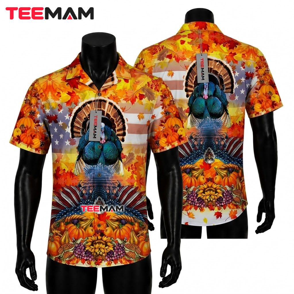 Realistic Turkey Thanksgiving Hawaiian Shirt American Flag Harvest Front