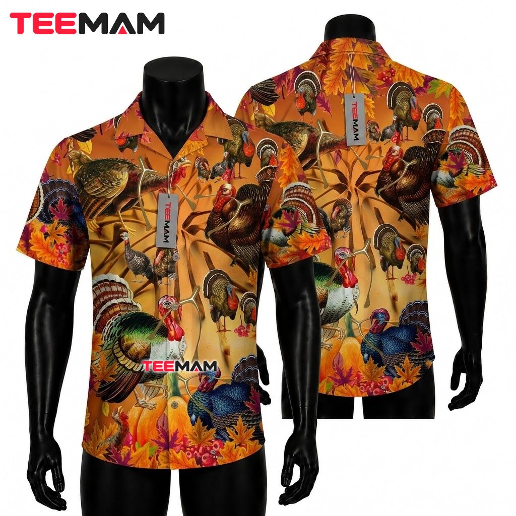 Realistic Wild Thanksgiving Hawaiian Shirt Turkey Orange Front