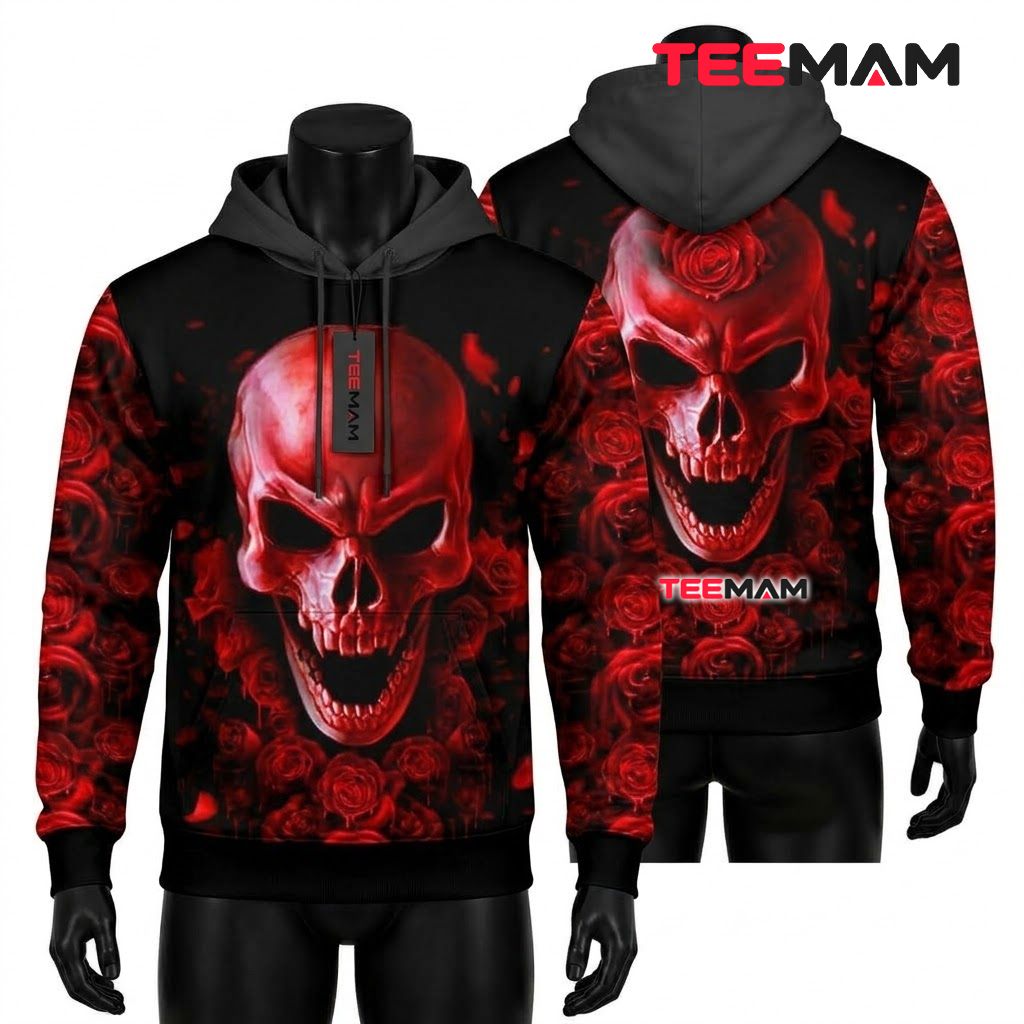 Red Skull Rose Halloween 3D Hoodie Front