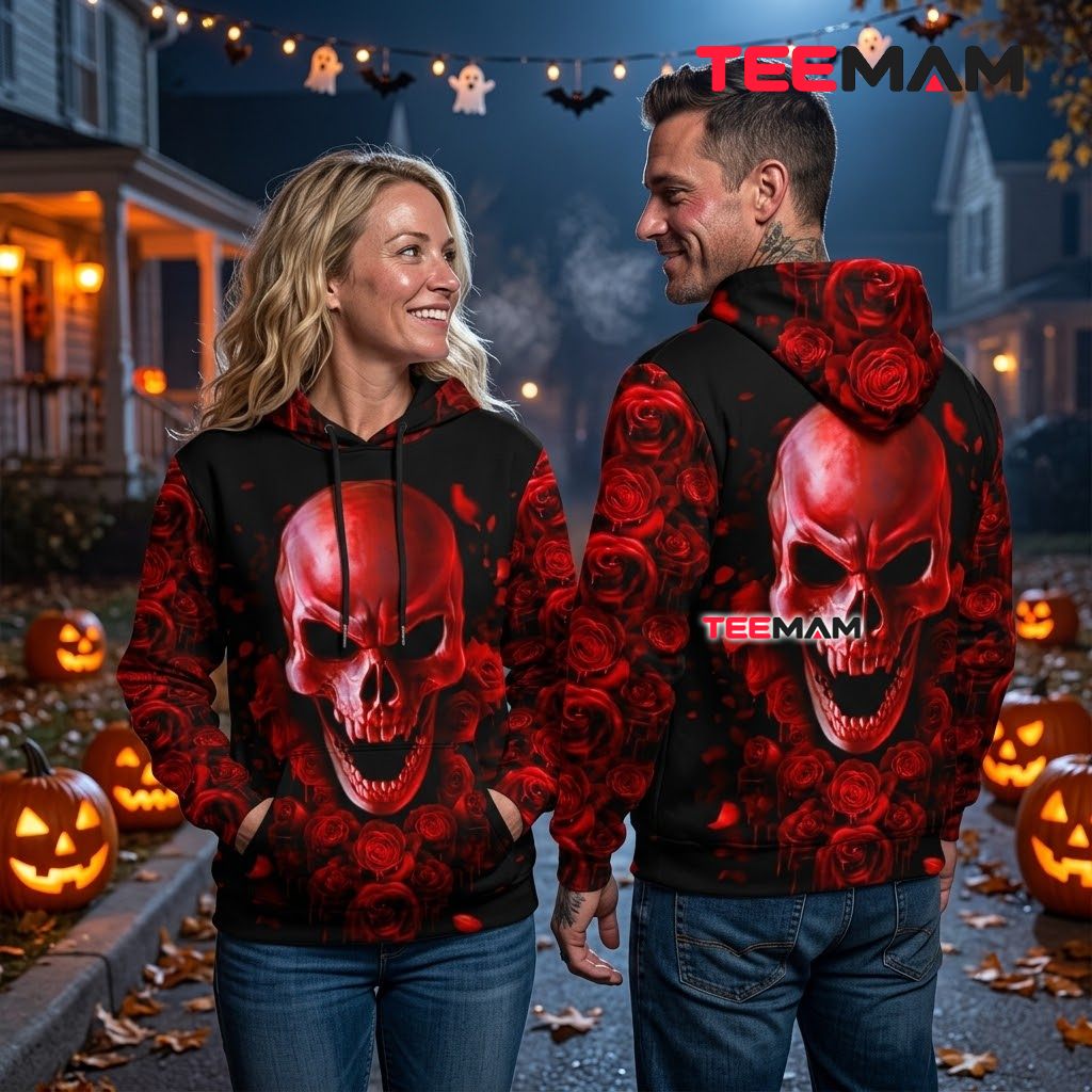 Red Skull Rose Halloween 3D Hoodie Back Red Skull Rose Halloween 3D Hoodie Back