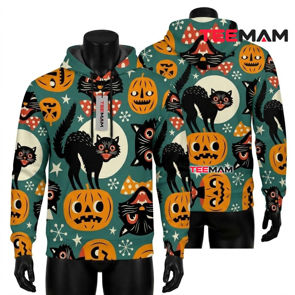 Retro Black Cat Halloween 3D Hoodie Front