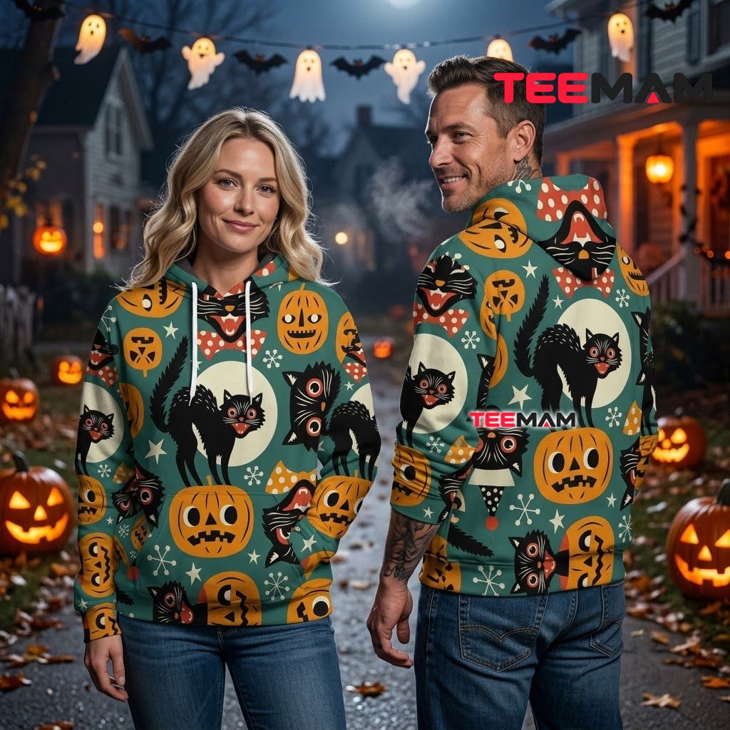 Retro Black Cat Halloween 3D Hoodie Back Retro Black Cat Halloween 3D Hoodie Back