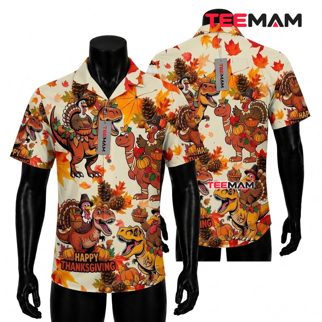 Rex Turkey Thanksgiving Hawaiian Shirt Dinosaur Pilgrim Front