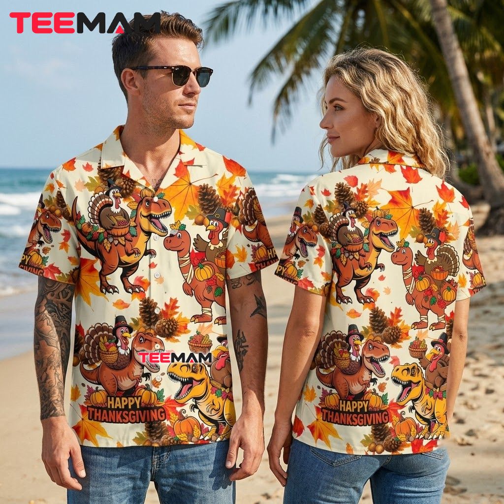 Rex Turkey Thanksgiving Hawaiian Shirt Dinosaur Pilgrim Back Rex Turkey Thanksgiving Hawaiian Shirt Dinosaur Pilgrim Back