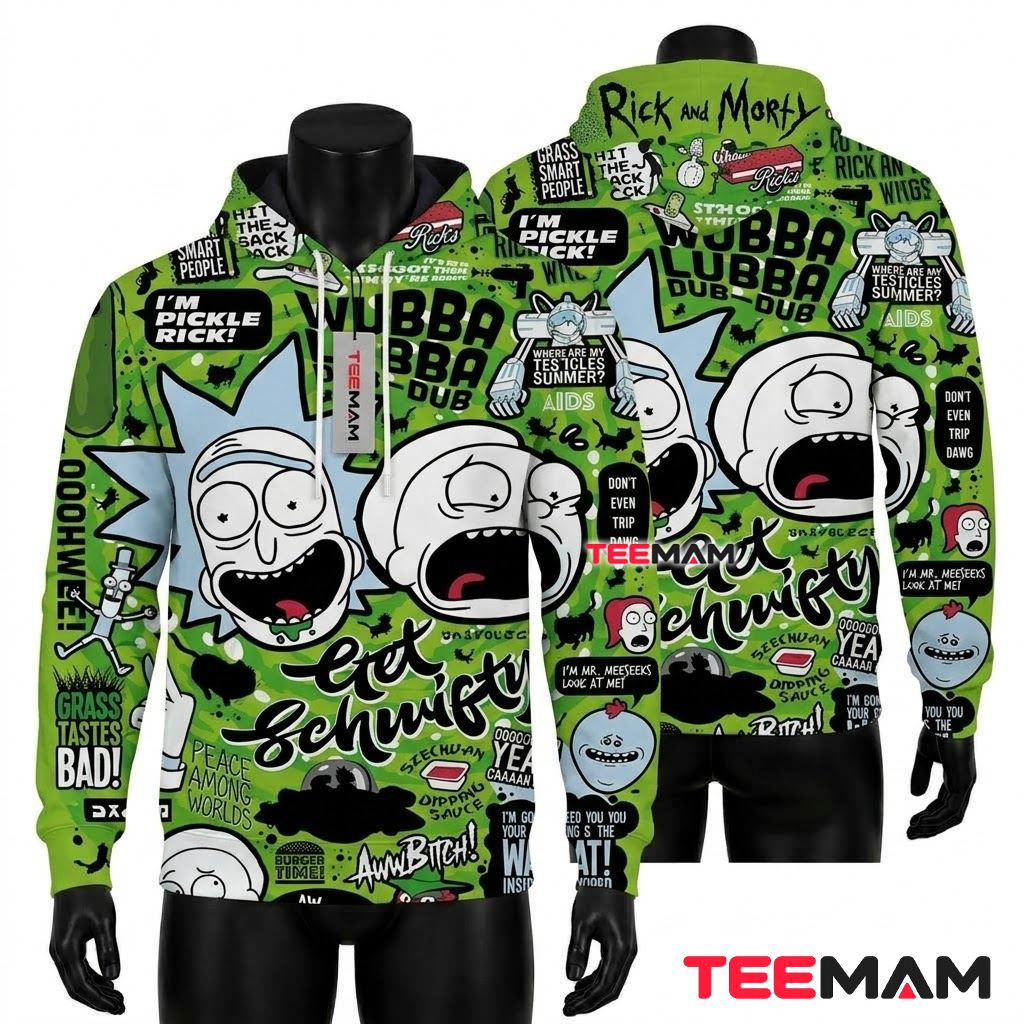 Rick and Morty 3D Hoodie Get Schwifty Green Collage Front