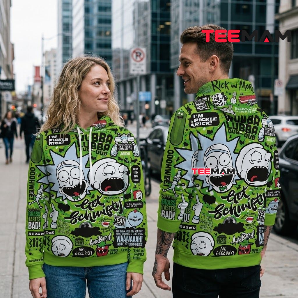 Rick and Morty 3D Hoodie Get Schwifty Green Collage Back Rick and Morty 3D Hoodie Get Schwifty Green Collage Back