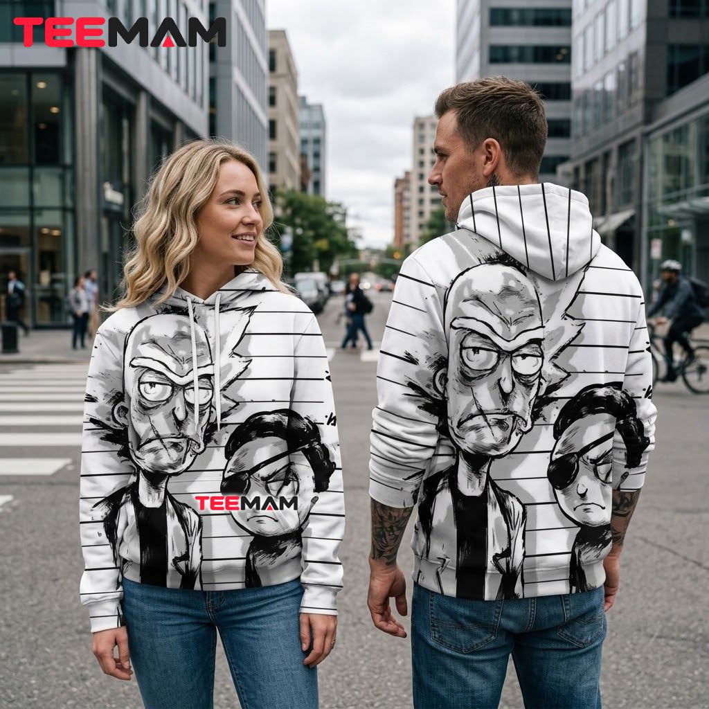 Rick and Morty 3D Hoodie Sketch Portrait Black White Back Rick and Morty 3D Hoodie Sketch Portrait Black White Back