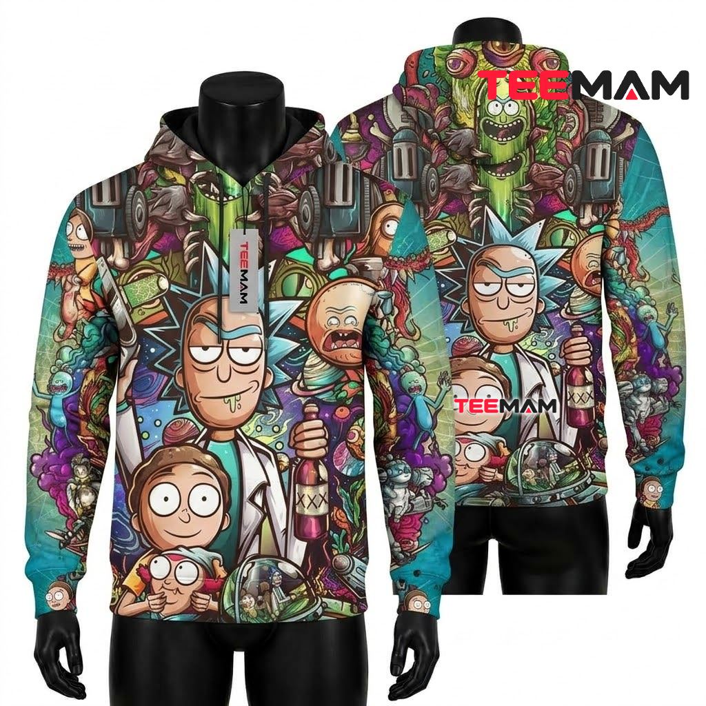 Rick and Morty All Over Print 3D Hoodie Pickle Rick Spaceship Collage Front