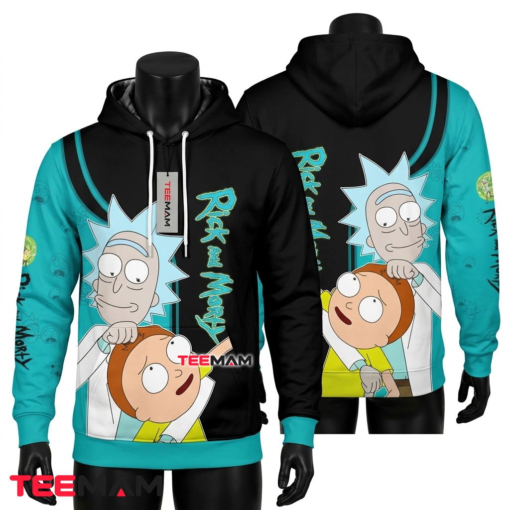Rick and Morty All Over Print 3D Hoodie Teal Black Split Design Front