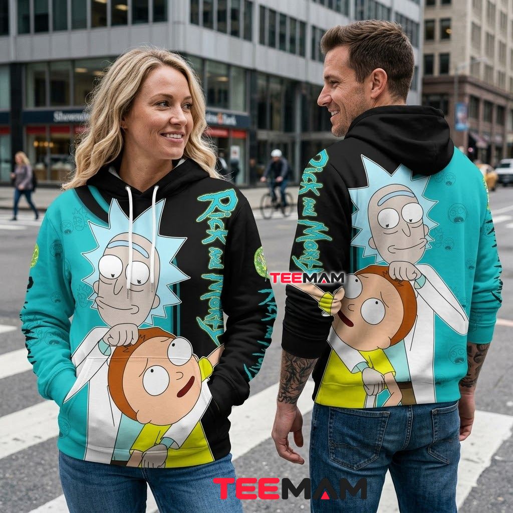 Rick and Morty All Over Print 3D Hoodie Teal Black Split Design Back Rick and Morty All Over Print 3D Hoodie Teal Black Split Design Back