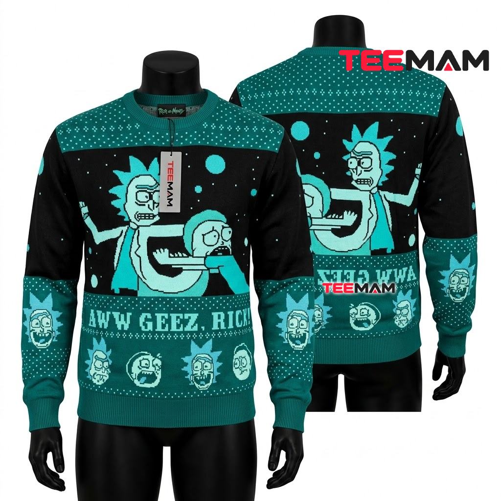 Rick And Morty Ugly Christmas Sweater Aww Geez Rick Front