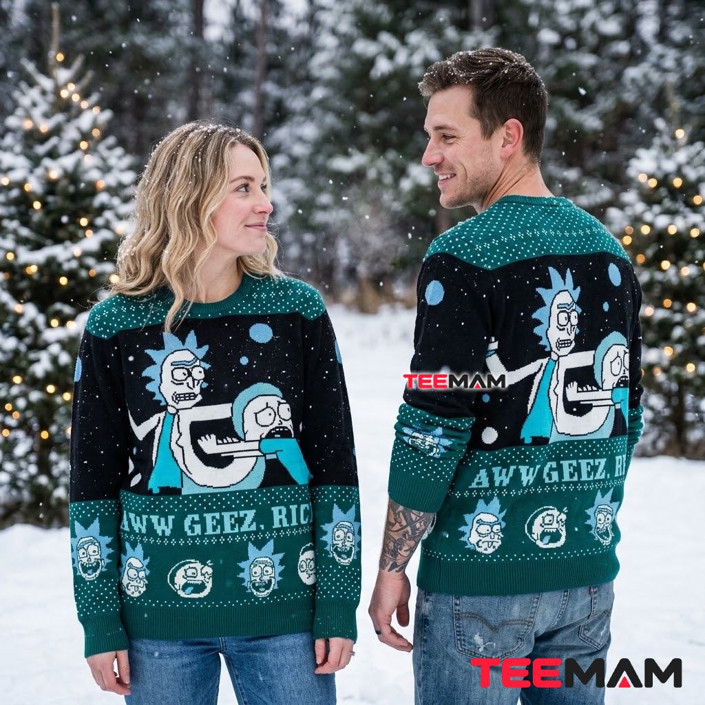Rick And Morty Ugly Christmas Sweater Aww Geez Rick Back Rick And Morty Ugly Christmas Sweater Aww Geez Rick Back