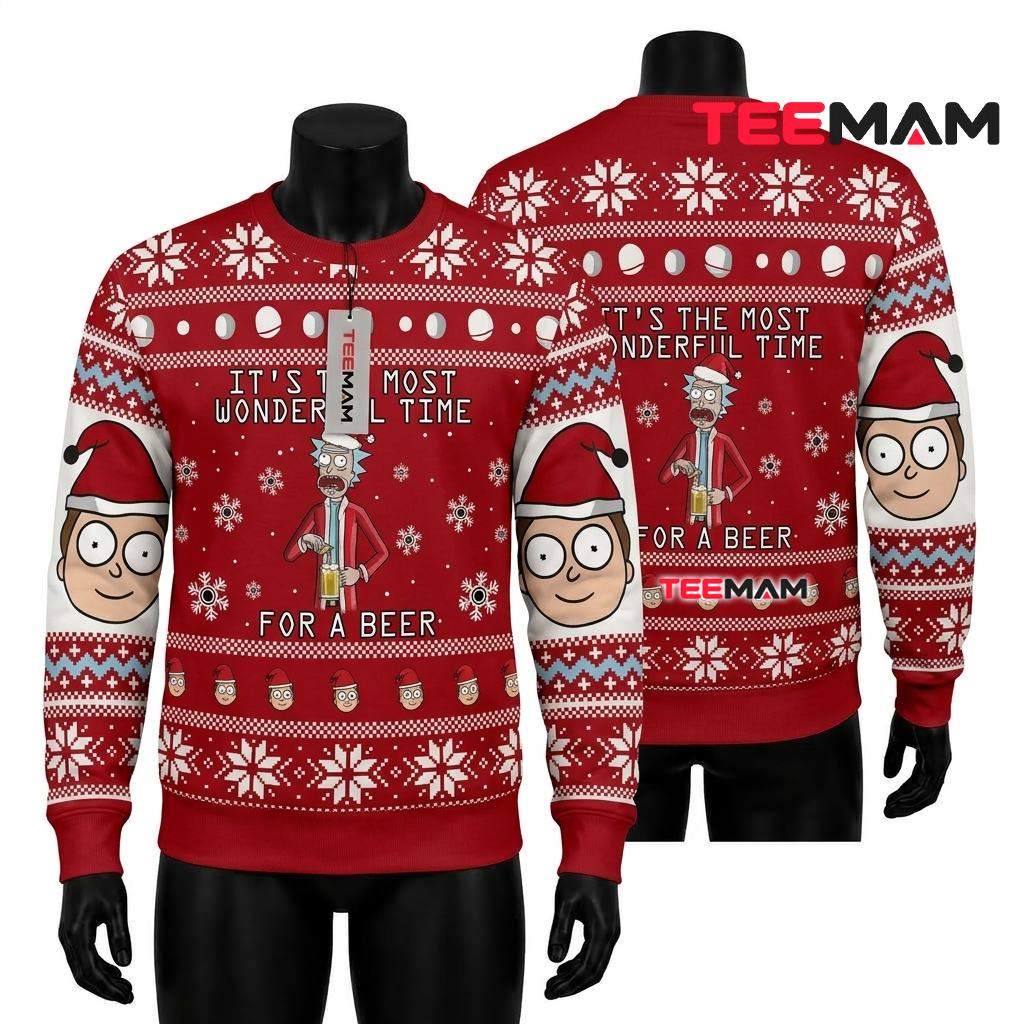 Rick Sanchez Ugly Christmas Sweater Most Wonderful Time For Beer Front