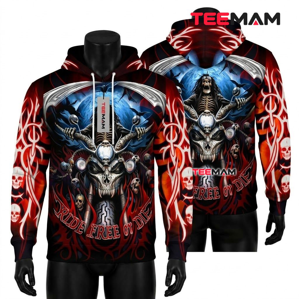 Ride Free Or Die Skull Motorcycle 3D Hoodie Front