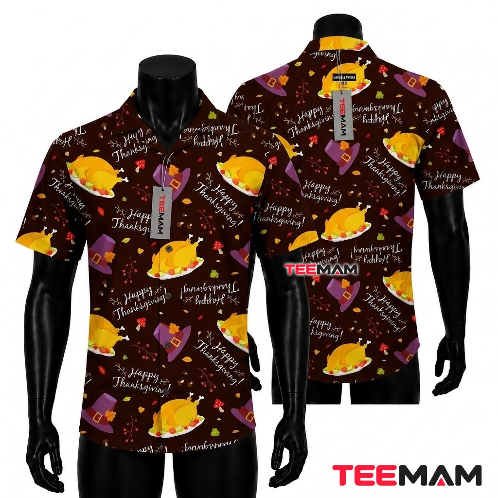 Roasted Turkey Thanksgiving Hawaiian Shirt Pilgrim Hat Brown Front