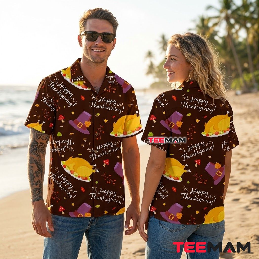 Roasted Turkey Thanksgiving Hawaiian Shirt Pilgrim Hat Brown Back Roasted Turkey Thanksgiving Hawaiian Shirt Pilgrim Hat Brown Back
