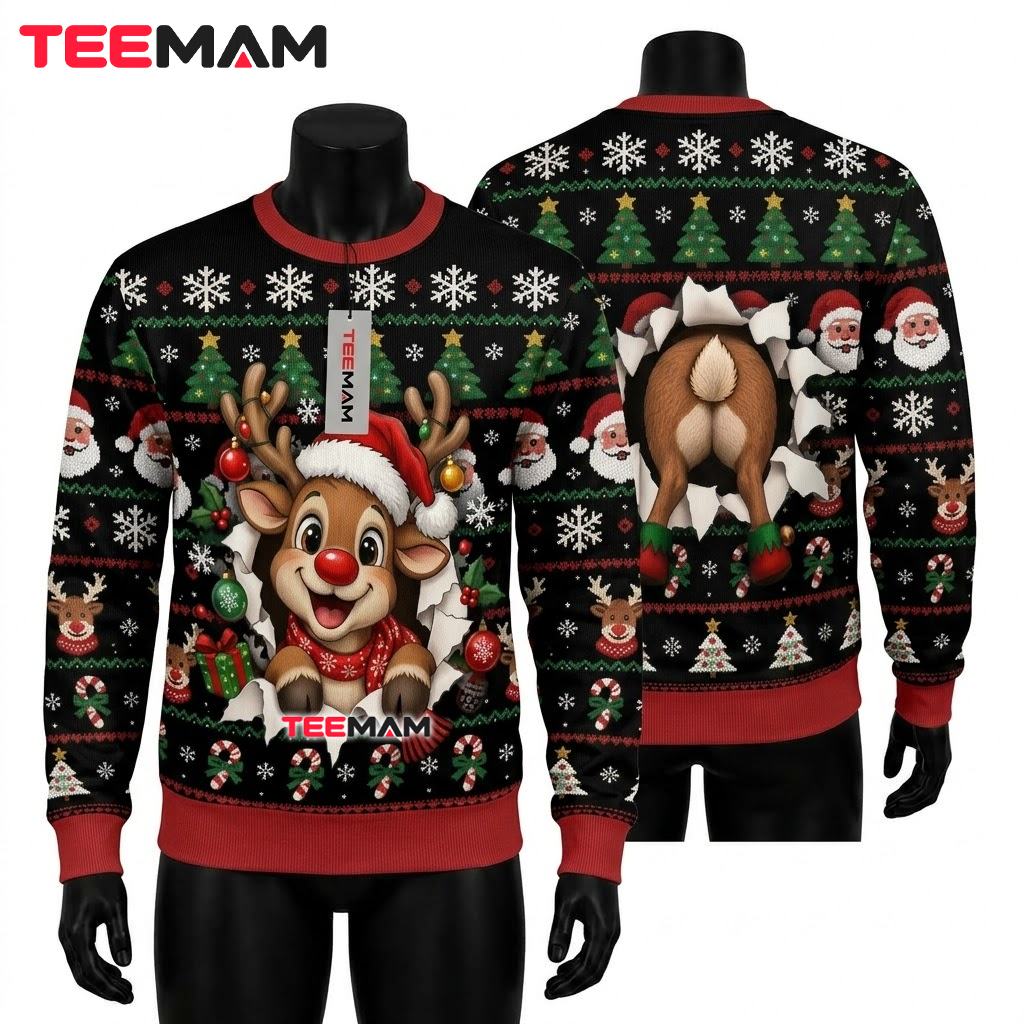 Rudolph Reindeer Ugly Christmas Sweater Funny Butt Santa Print Front