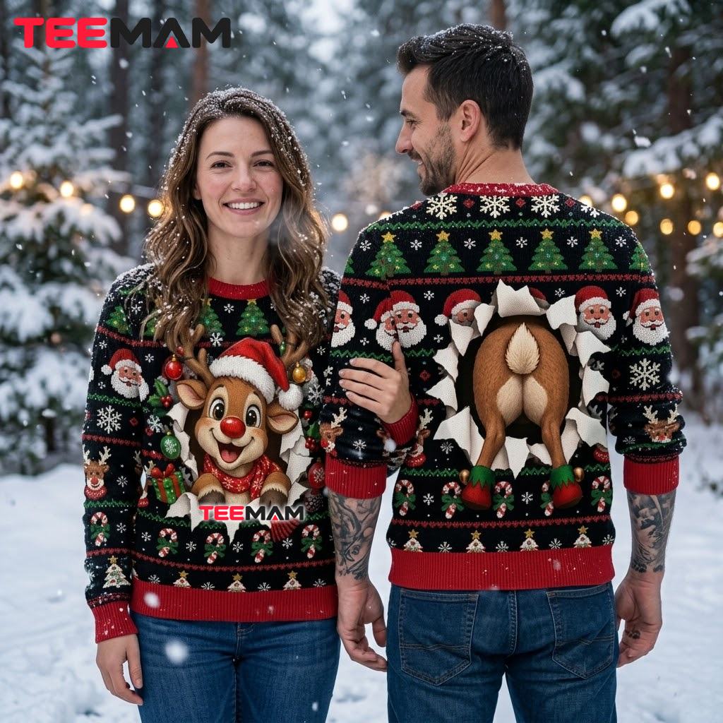 Rudolph Reindeer Ugly Christmas Sweater Funny Butt Santa Print Back Rudolph Reindeer Ugly Christmas Sweater Funny Butt Santa Print Back