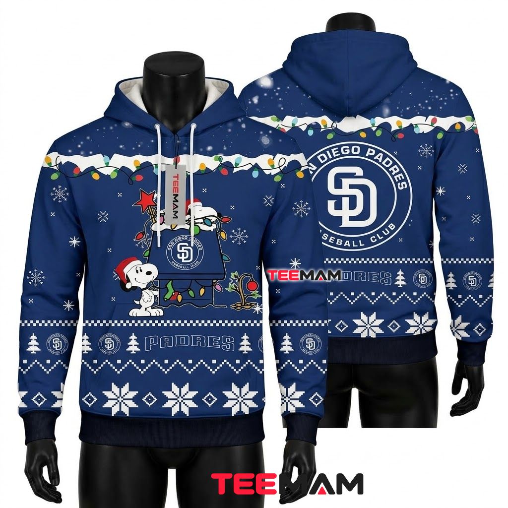 San Diego Padres 3D Hoodie Snoopy Christmas Lights Front
