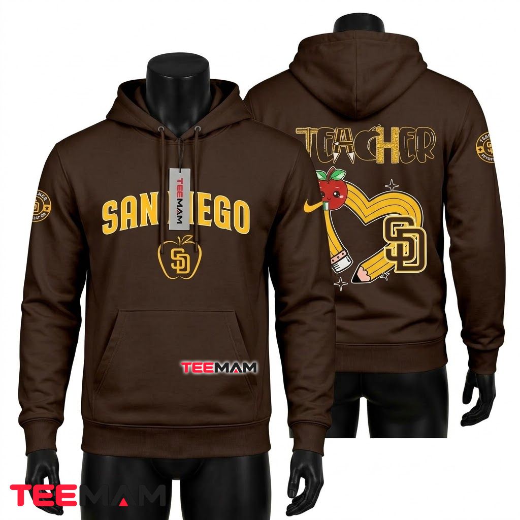 San Diego Padres 3D Hoodie Teacher Pencil Heart Apple Front