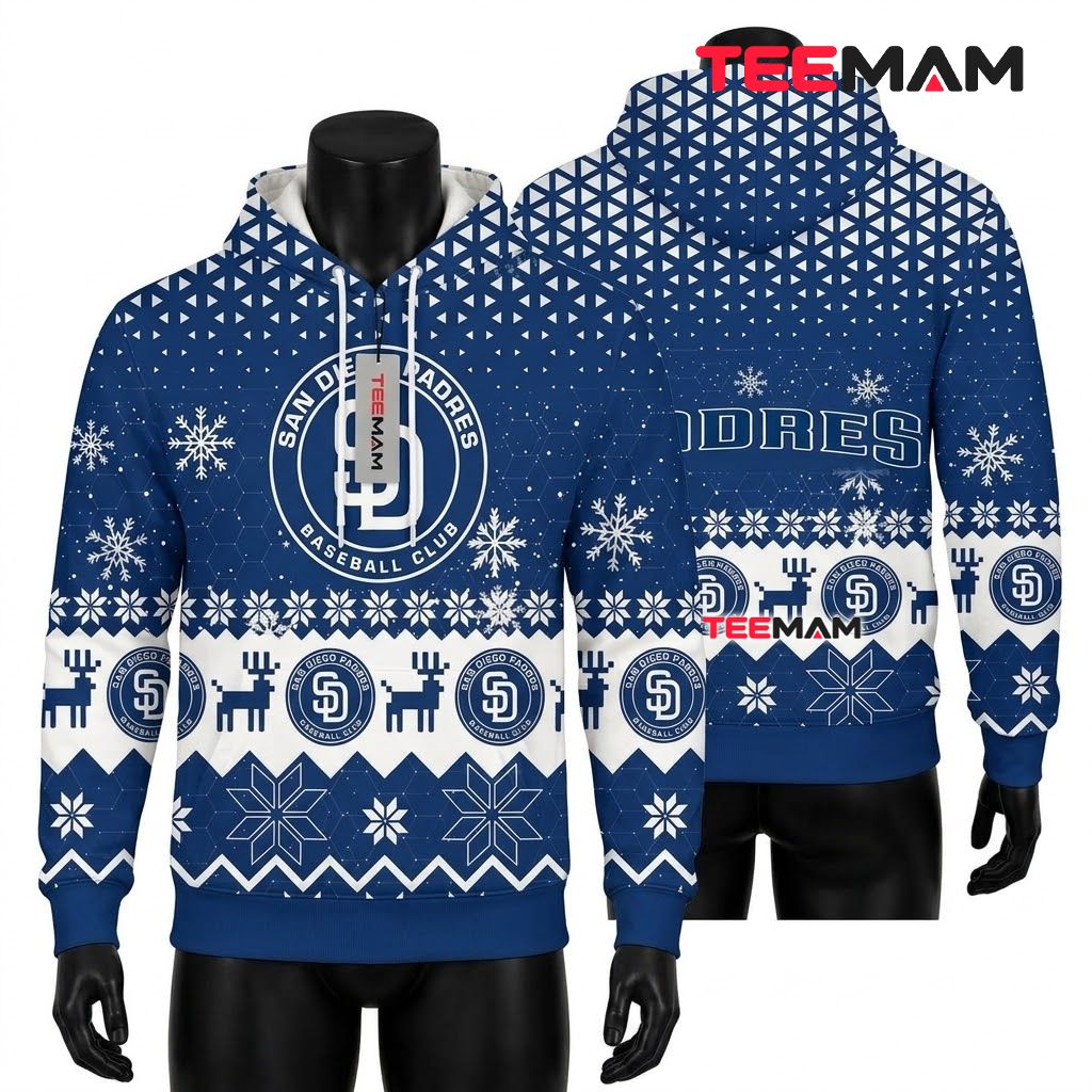 San Diego Padres 3D Hoodie Ugly Christmas Snowflake Reindeer Front