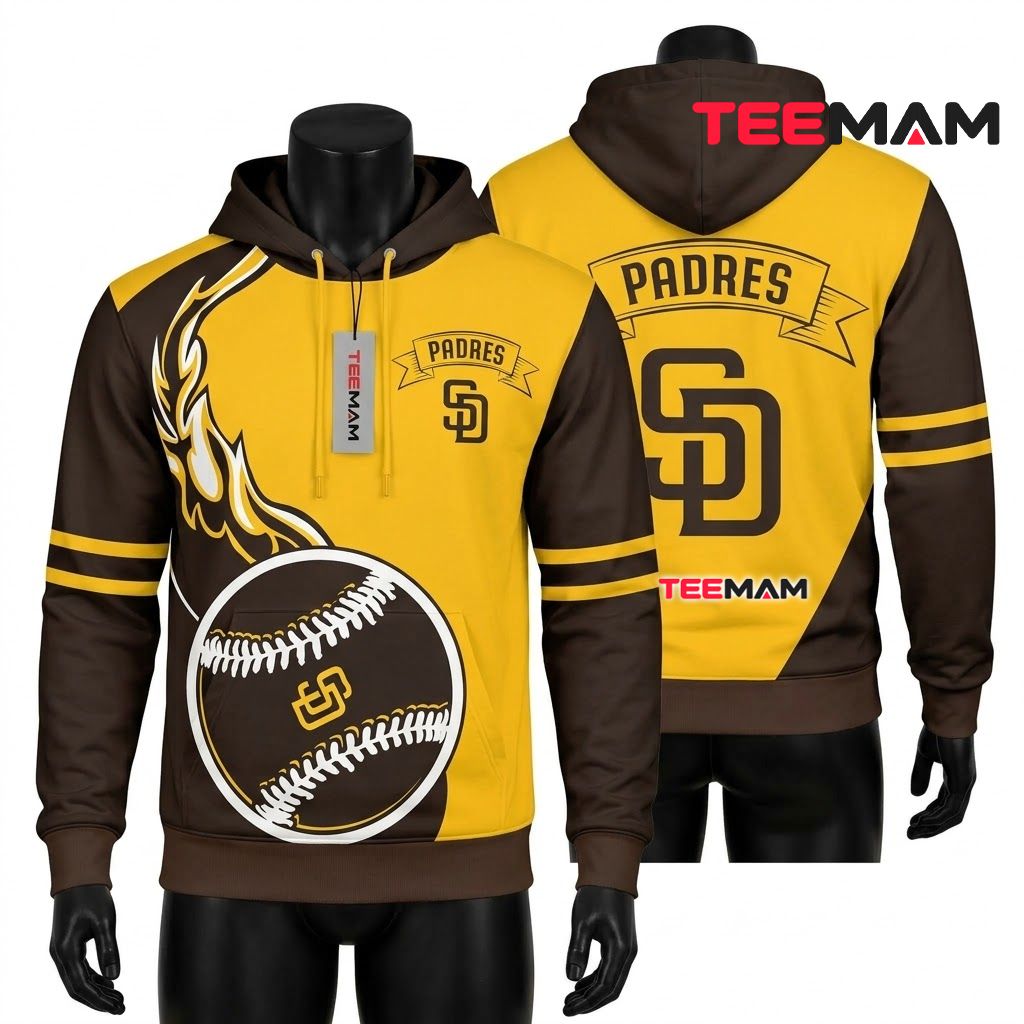 San Diego Padres All Over Print 3D Hoodie Flame Baseball Gold Black Front