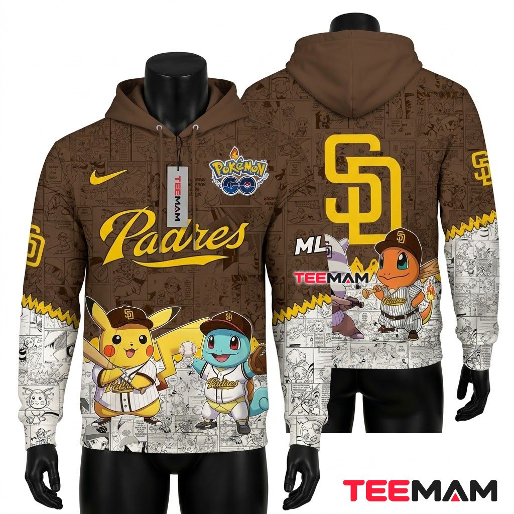 San Diego Padres All Over Print 3D Hoodie Pikachu Squirtle Pokemon Front