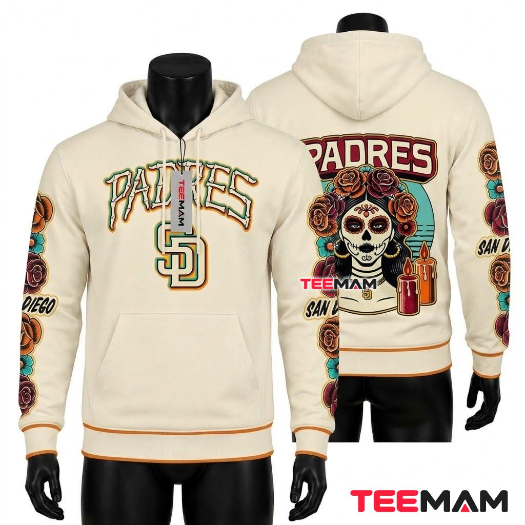 San Diego Padres All Over Print 3D Hoodie Sugar Skull Rose Tattoo Front