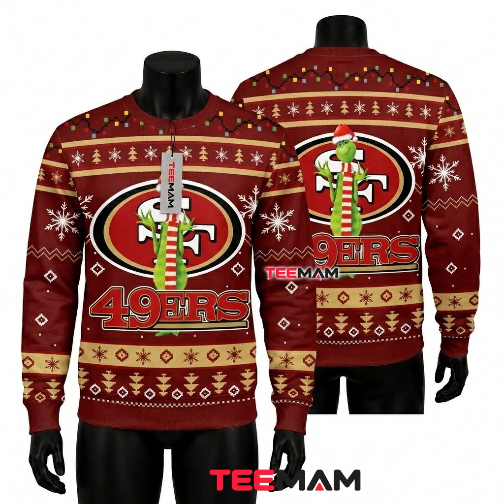 San Francisco 49ers Christmas Ugly Sweater Grinch Scarf Logo Design Front