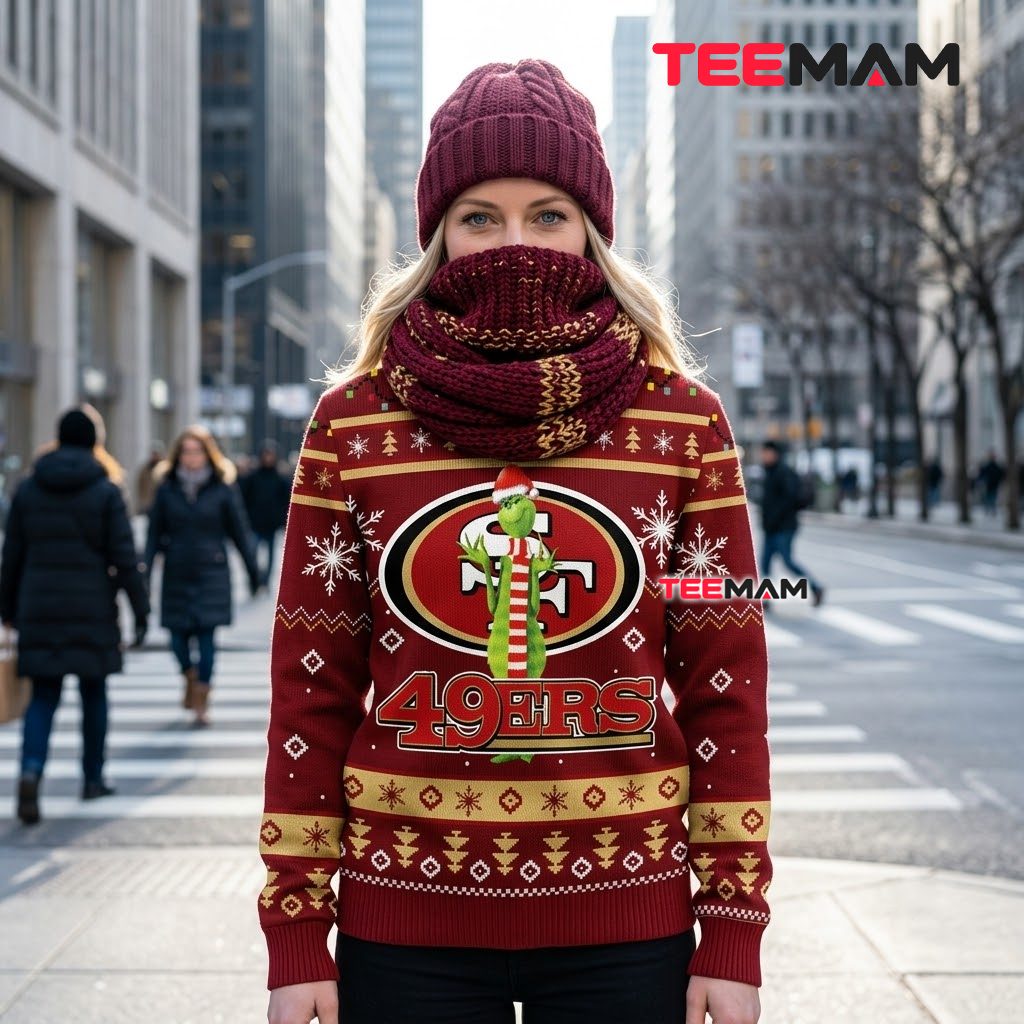 San Francisco 49ers Christmas Ugly Sweater Grinch Scarf Logo Design Back San Francisco 49ers Christmas Ugly Sweater Grinch Scarf Logo Design Back