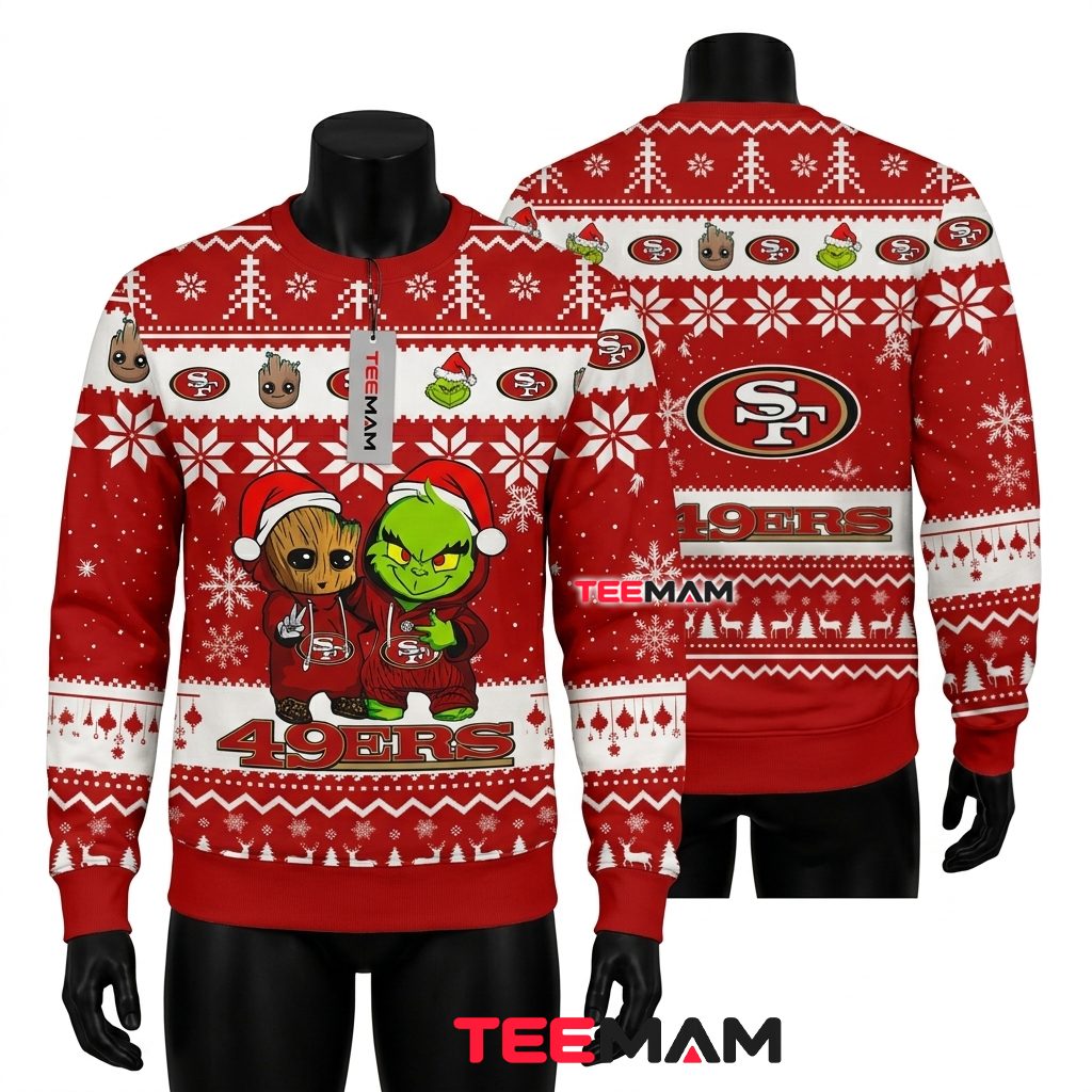 San Francisco 49ers Christmas Ugly Sweater Groot Grinch Duo Design Front
