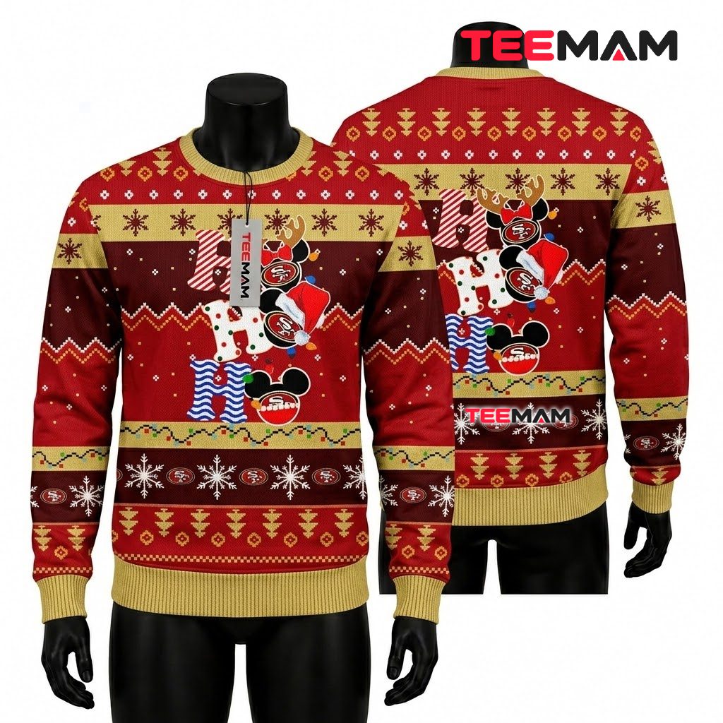 San Francisco 49ers Christmas Ugly Sweater Mickey Ho Ho Design Front