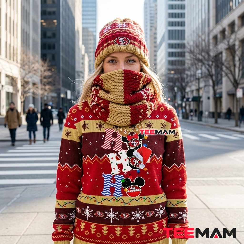 San Francisco 49ers Christmas Ugly Sweater Mickey Ho Ho Design Back San Francisco 49ers Christmas Ugly Sweater Mickey Ho Ho Design Back