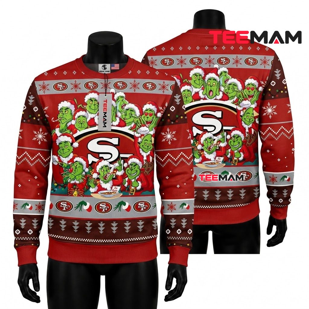 San Francisco 49ers Christmas Ugly Sweater Multiple Grinch Faces Design Front