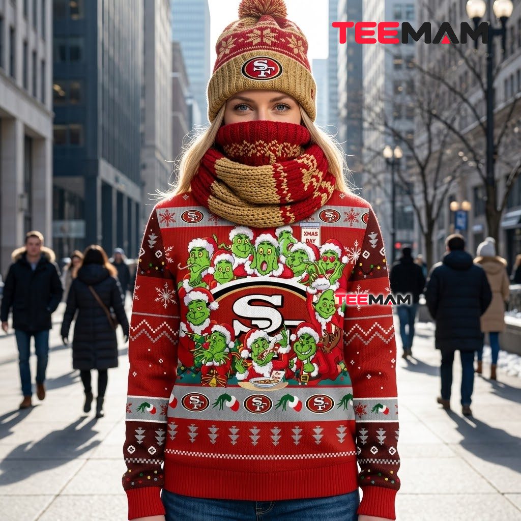 San Francisco 49ers Christmas Ugly Sweater Multiple Grinch Faces Design Back San Francisco 49ers Christmas Ugly Sweater Multiple Grinch Faces Design Back