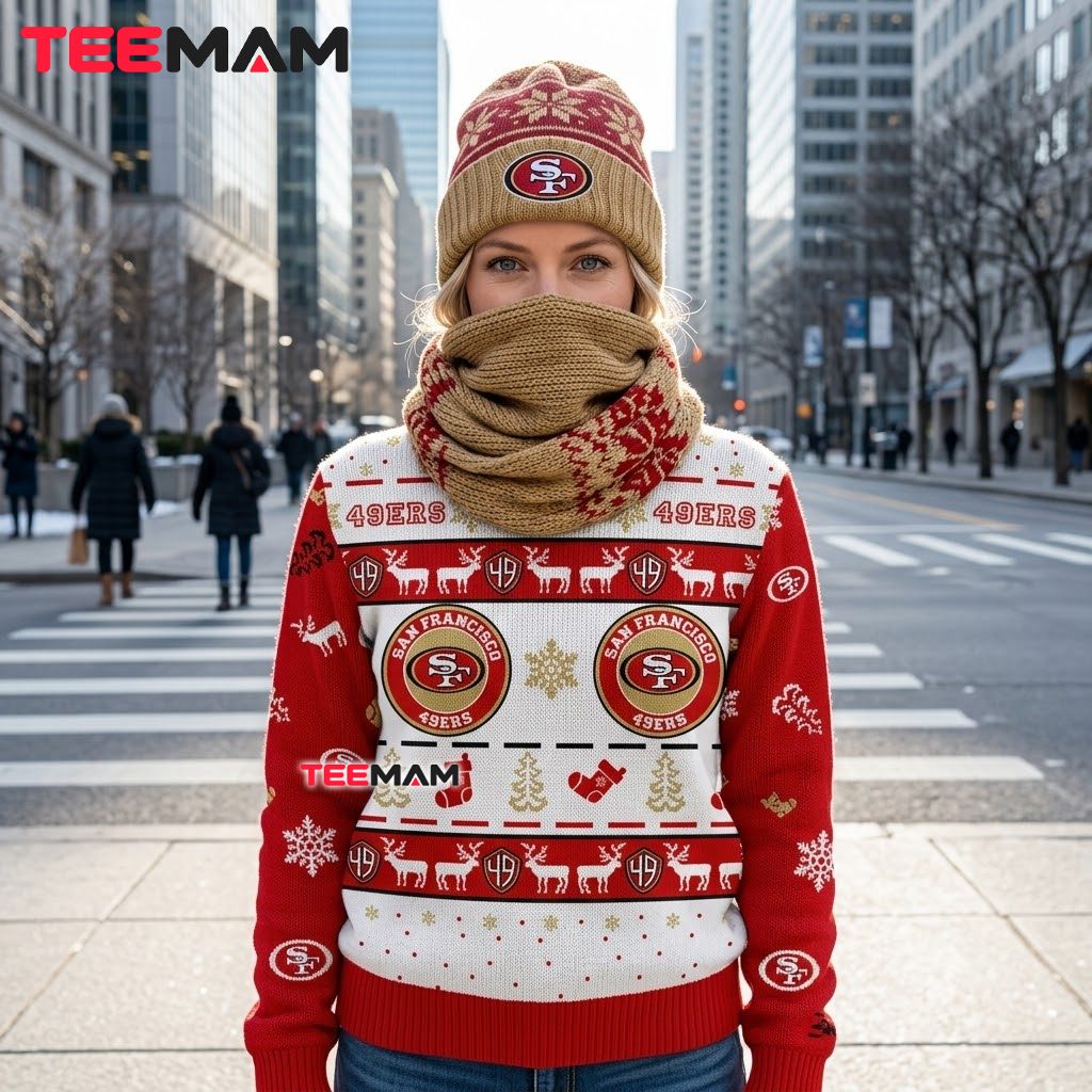 San Francisco 49ers Christmas Ugly Sweater Reindeer Stocking Design Back San Francisco 49ers Christmas Ugly Sweater Reindeer Stocking Design Back