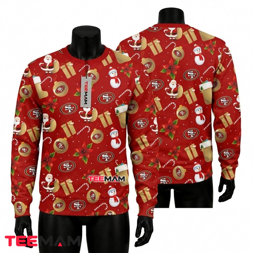 San Francisco 49ers Christmas Ugly Sweater Santa Snowman Pattern Design Front