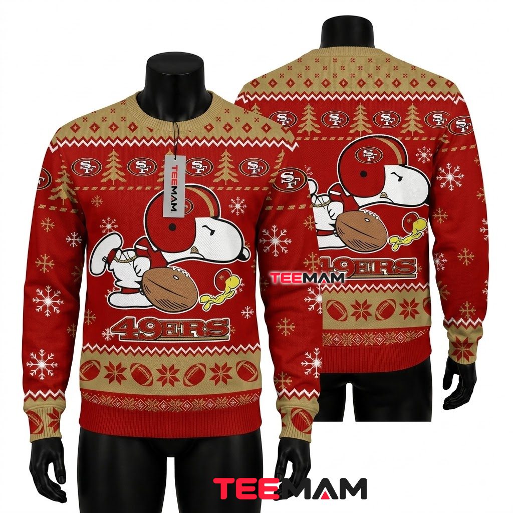 San Francisco 49ers Christmas Ugly Sweater Snoopy Holding Football Design Front