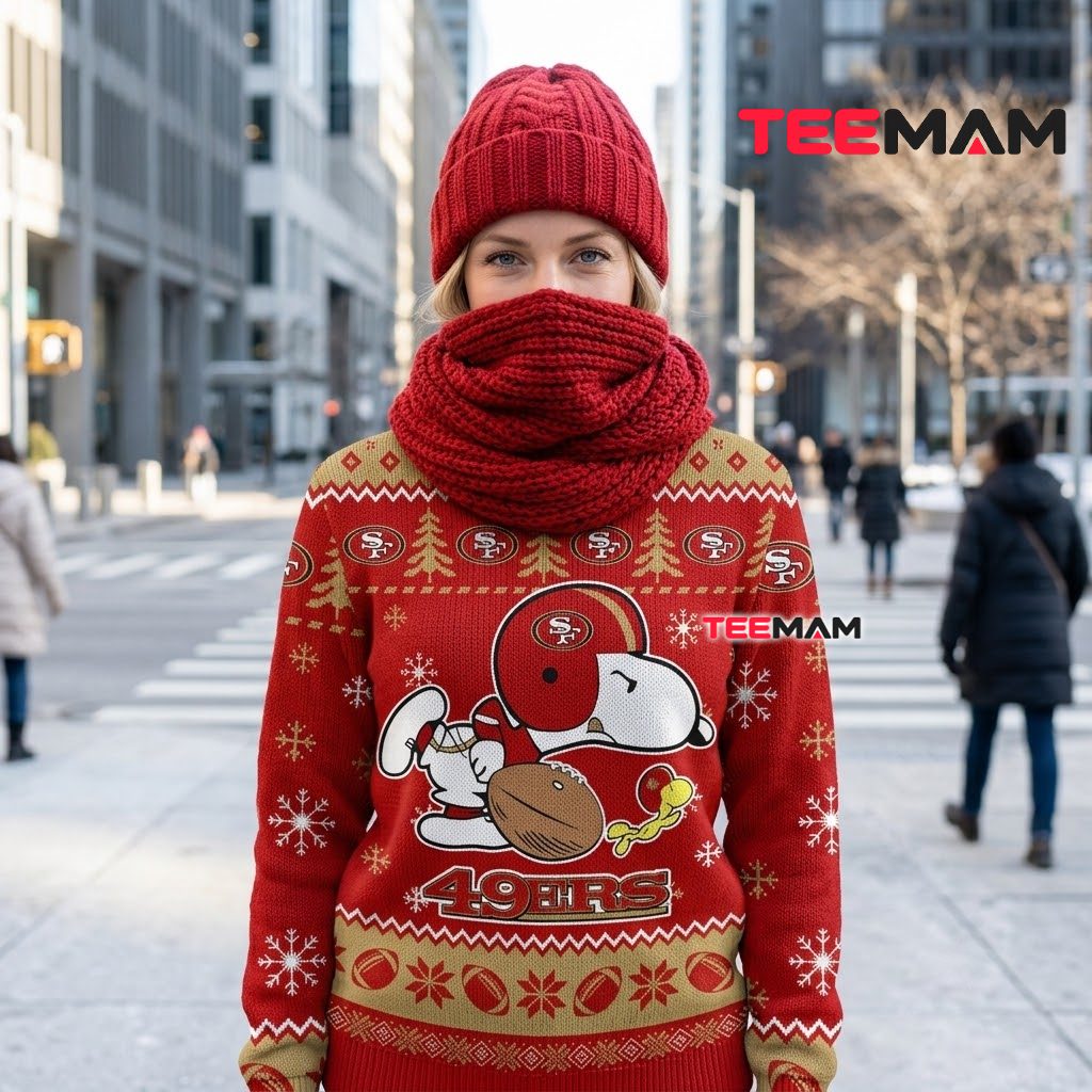 San Francisco 49ers Christmas Ugly Sweater Snoopy Holding Football Design Back San Francisco 49ers Christmas Ugly Sweater Snoopy Holding Football Design Back