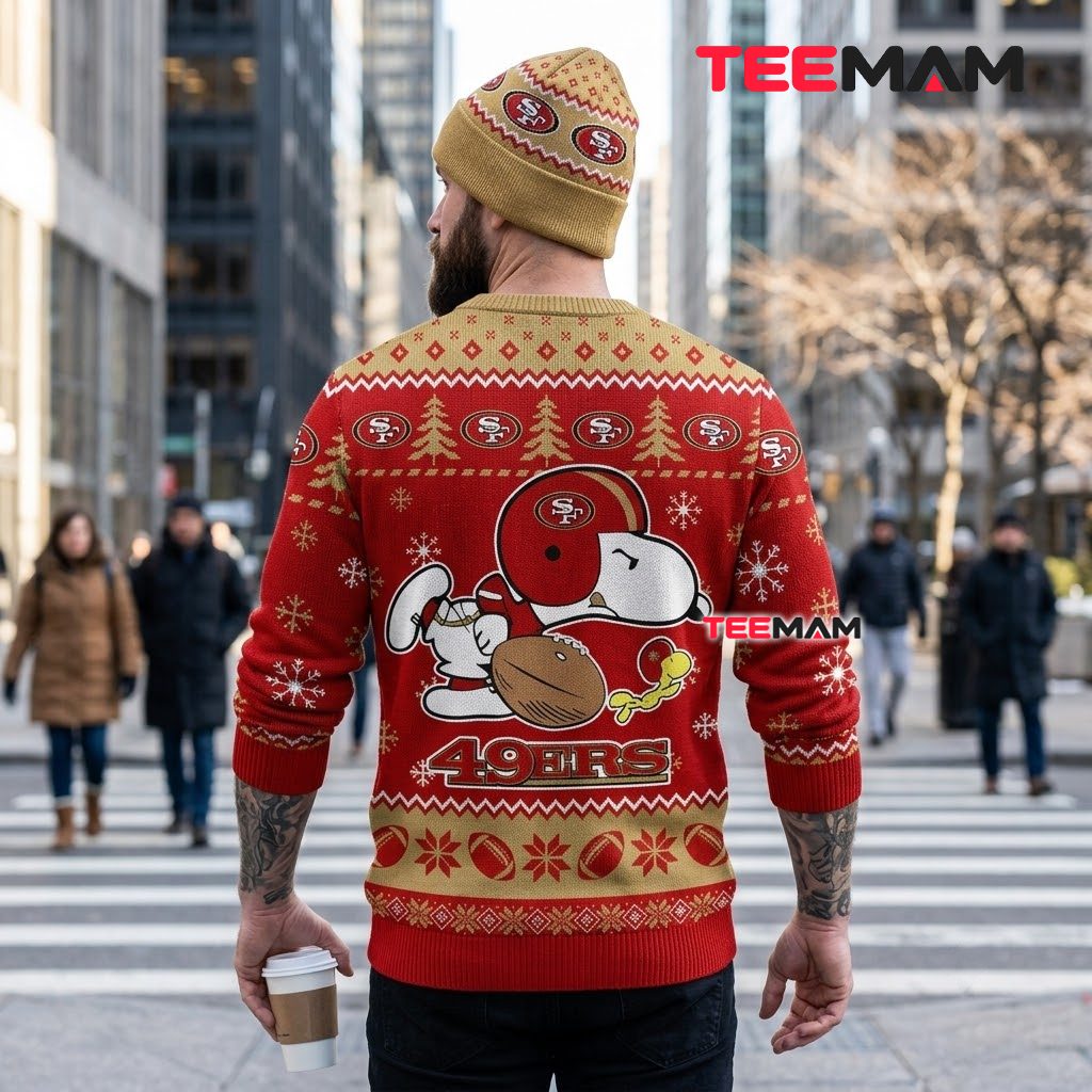 San Francisco 49ers Christmas Ugly Sweater Snoopy Holding Football Design Version 3 San Francisco 49ers Christmas Ugly Sweater Snoopy Holding Football Design Version 3