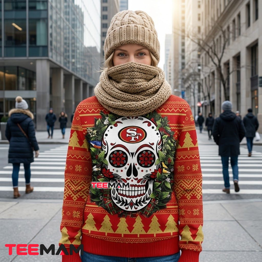 San Francisco 49ers Christmas Ugly Sweater Sugar Skull Wreath Design Back San Francisco 49ers Christmas Ugly Sweater Sugar Skull Wreath Design Back