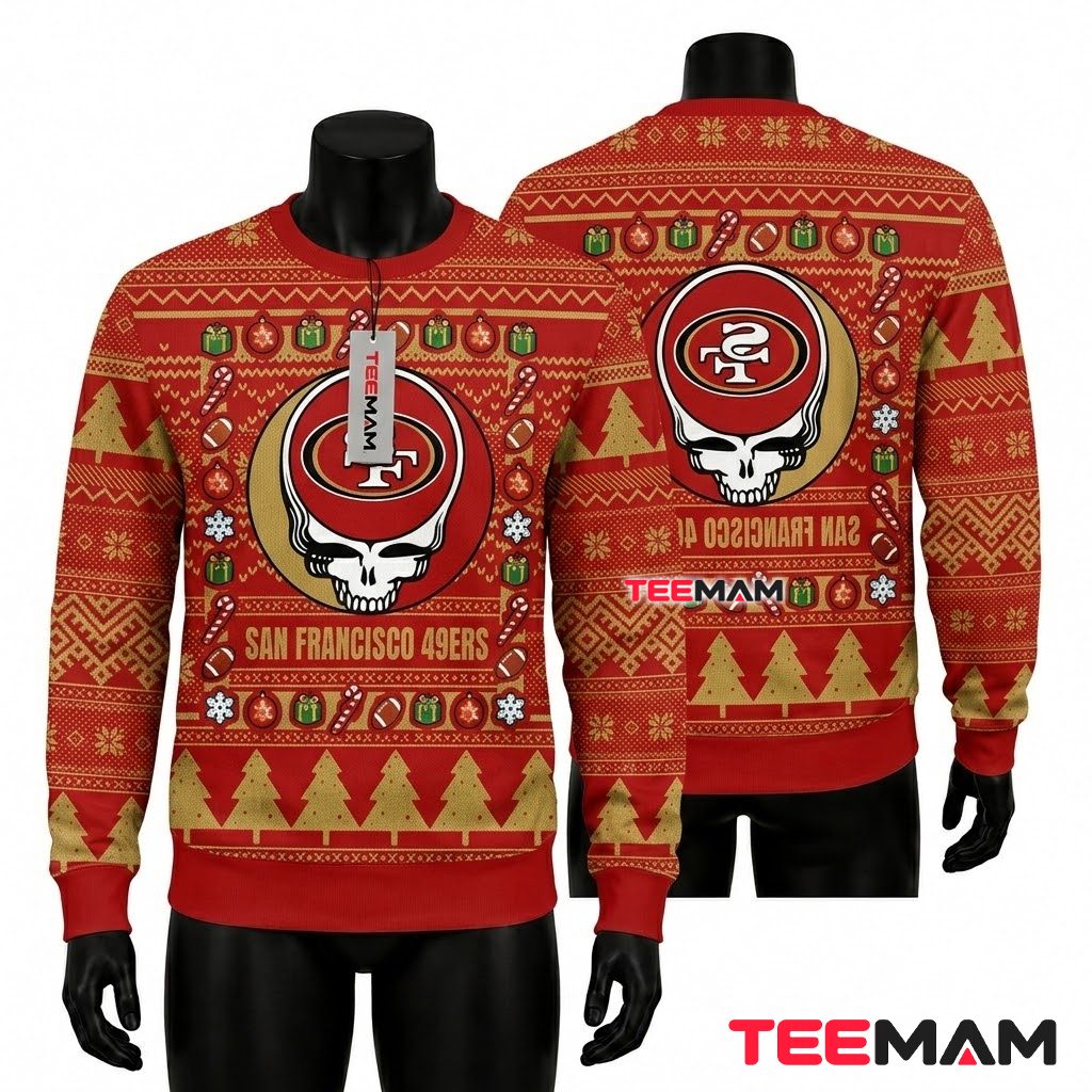 San Francisco 49ers Ugly Christmas Sweater Grateful Dead Skull Design Front