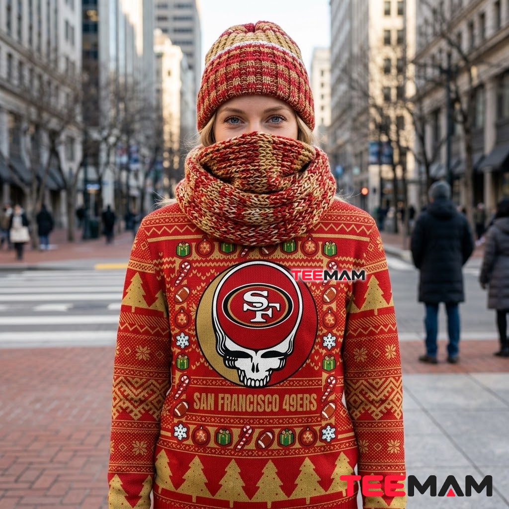San Francisco 49ers Ugly Christmas Sweater Grateful Dead Skull Design Back San Francisco 49ers Ugly Christmas Sweater Grateful Dead Skull Design Back
