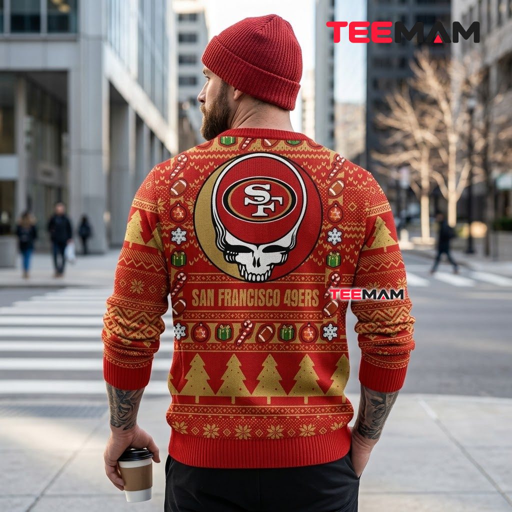 San Francisco 49ers Ugly Christmas Sweater Grateful Dead Skull Design Version 3 San Francisco 49ers Ugly Christmas Sweater Grateful Dead Skull Design Version 3