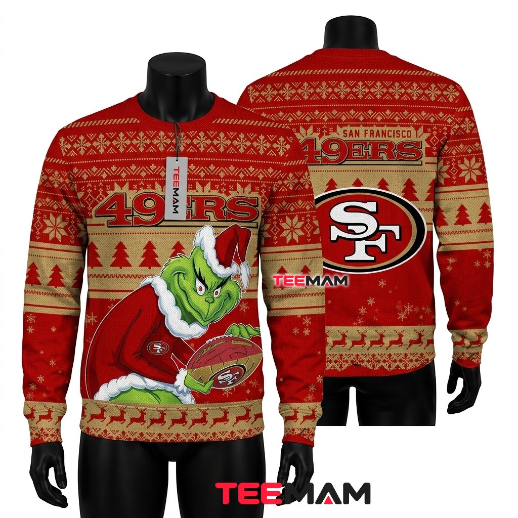 San Francisco 49ers Ugly Christmas Sweater Grinch Santa Suit Design Front