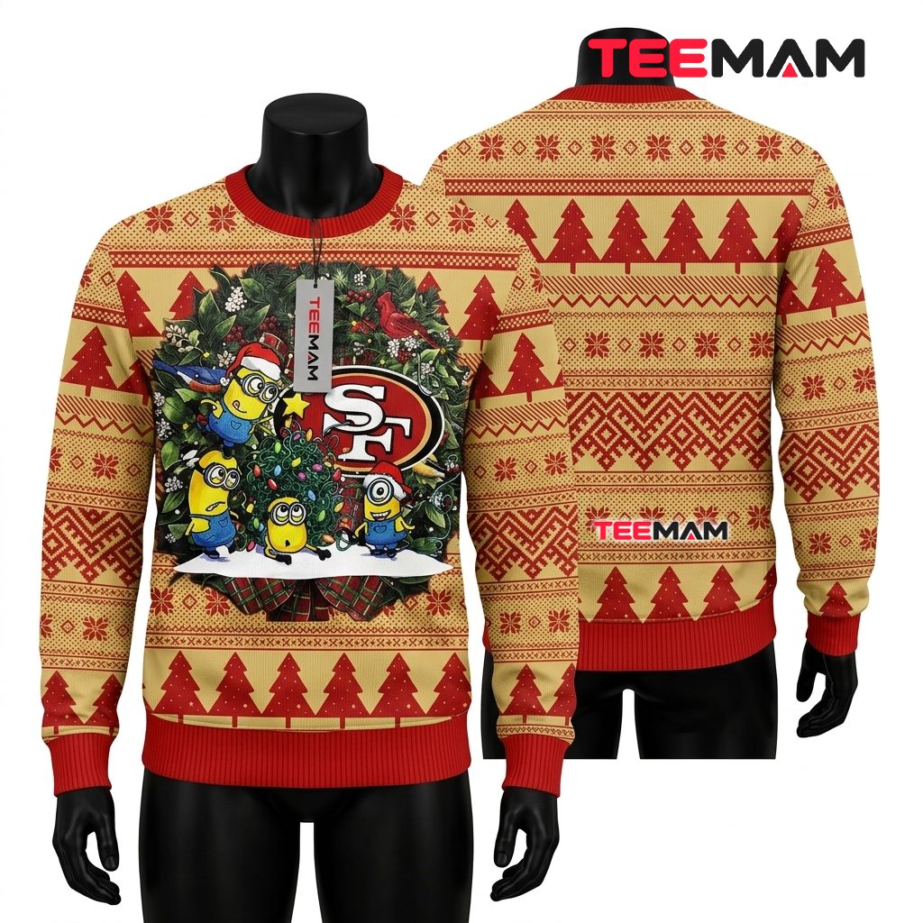 San Francisco 49ers Ugly Christmas Sweater Minions Wreath Design Front