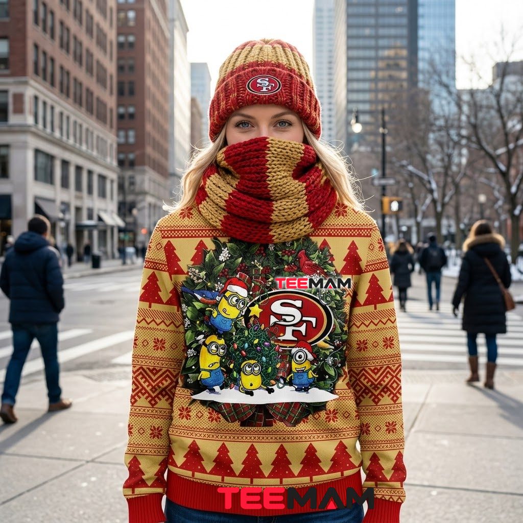 San Francisco 49ers Ugly Christmas Sweater Minions Wreath Design Back San Francisco 49ers Ugly Christmas Sweater Minions Wreath Design Back