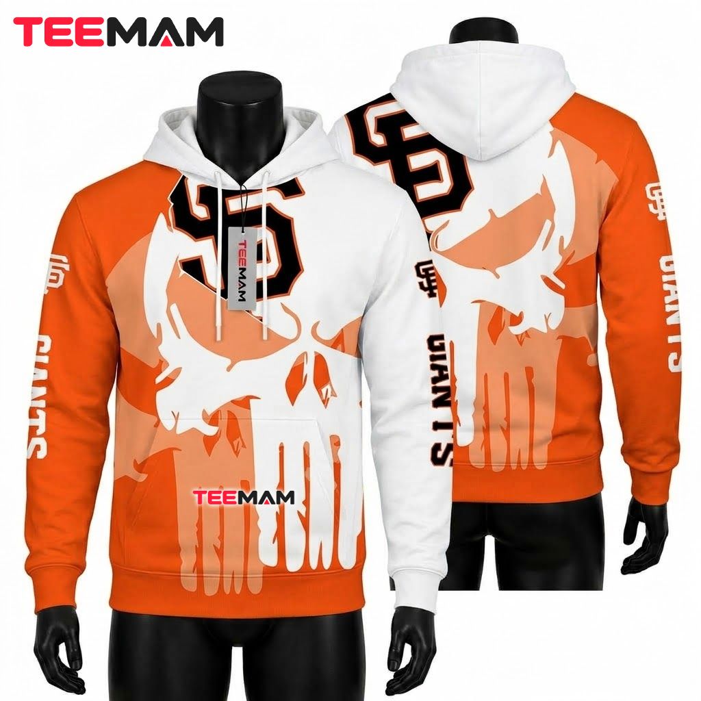 San Francisco Giants 3D Hoodie Punisher Skull White Orange Front