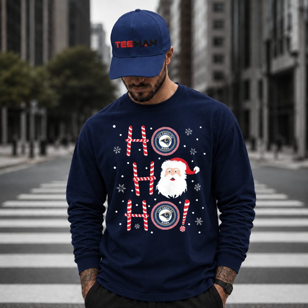 Santa Ho Ho Ho Los Angeles Rams Christmas Candy Cane Long Sleeve Santa Ho Ho Ho Los Angeles Rams Christmas Candy Cane Long Sleeve