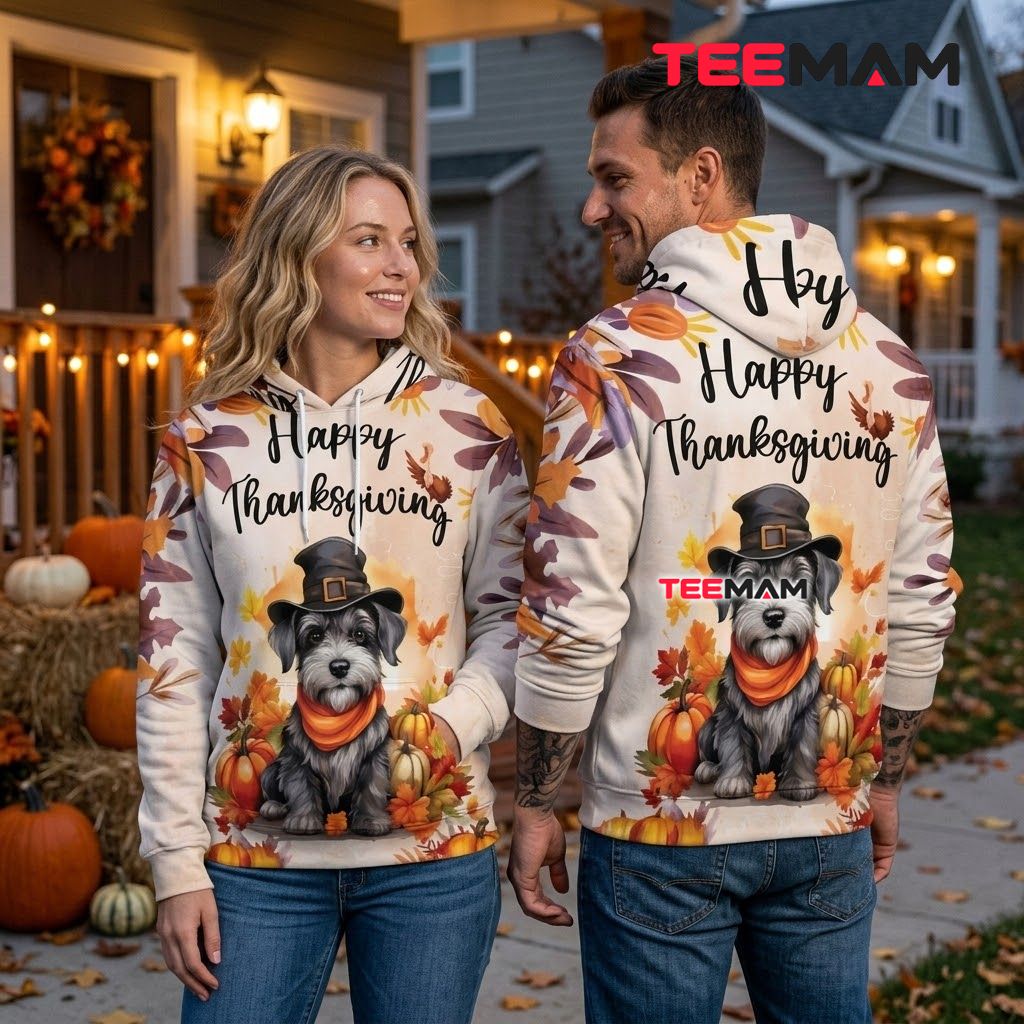Schnauzer Pilgrim Thanksgiving 3D Hoodie Happy Thanksgiving Back Schnauzer Pilgrim Thanksgiving 3D Hoodie Happy Thanksgiving Back